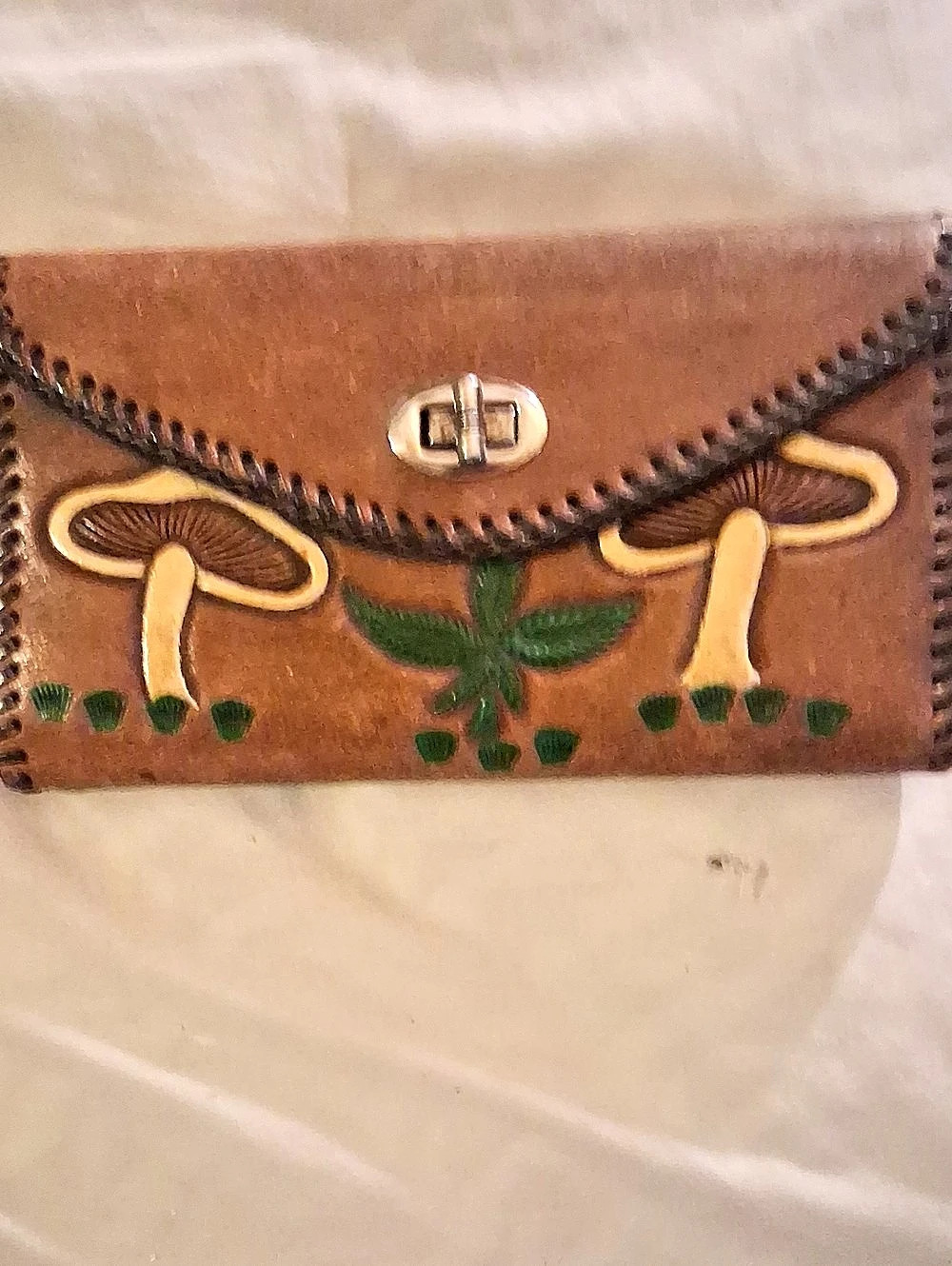 Real Leather Mushroom Embroidered Brown & Green Wallet